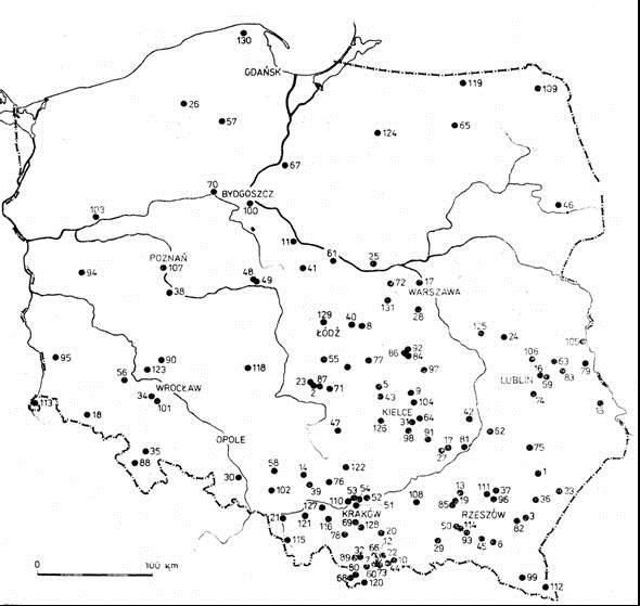 Stanowiska Larix z okresu czwartorzędu A.Środoń "Modrzewie"-PAN Instytut Dendrologii, 1986
